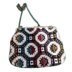 Vintage Geometric Tapestry Clutch Purse Cottagecore Grannycore Chain Metal Frame